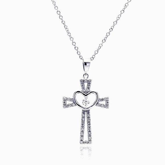 ♥️ HEART & CROSS STERLING SILVER NECKLACE - Picture 1 of 6